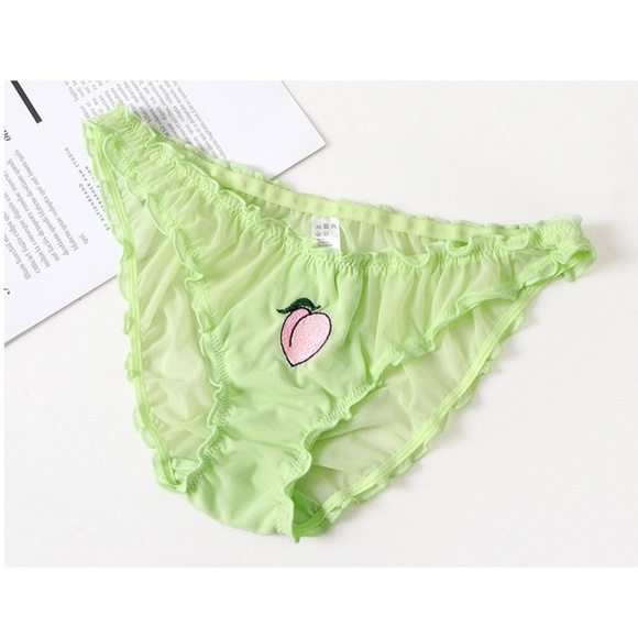 Green Ruched Fruit Applique Mesh Sheer Panties - Picture 8 of 17